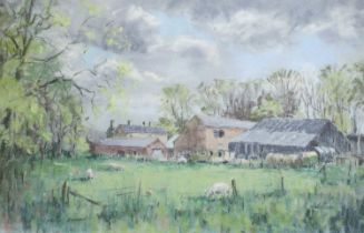 Angus Rands (1922-1985) Sheep grazing before a farm Signed, pastel, together with two further