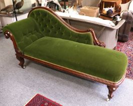 A Victorian Mahongany Framed Buttoned Chaise Lounge, 183cm by 65cm by 92cm The frame with one or two