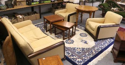 A 1920s Mahogany Framed Three Piece Suite, upholstered in gold coloured brocade fabric, sofa 174cm