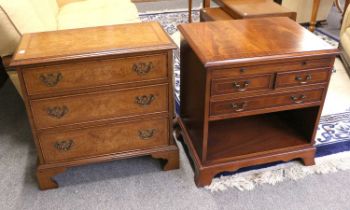 A Reproduction Burr Walnut Three Height Chest of Drawers, of small proportions, cross and feather