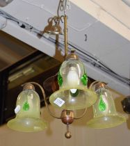 A Benson Style Copper Three Light Ceiling Fixture, with green vaseline glass shades, 50cm drop