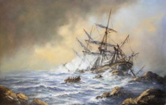 Anthony Hedges (20th century) Shipwreck and rescuers Signed, oil on canvas, 49cm by 75cm