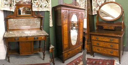 An Edwardian Mahogany and Walnut Mirror Fronted Wardrobe, 121cm by 52cm by 215cm, together with a