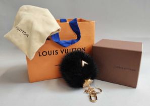 Louis Vuitton Black Fox Fur Fuzzy Bubble Bag Charm, inset V to the front, with gold-tone hardware,