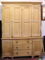 A Large Pine Farmhouse Kitchen Dresser, with enclosed upper section, 188cm by 62cm by 248cm