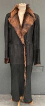 Sylvie Schimmel Suede and Fur Lined Long Coat, collared with pockets and hook and loop