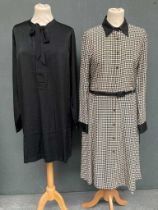 Ralph Lauren Black and White Dog Tooth Check Silk Shirt Dress with long sleeves, soft black
