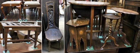 Two Stools with Needlework Drop-In Seats, a carved oak spinning chair, an oak dish topped wine