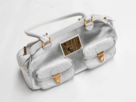 Chopard Silver Leather Bowling Bag, with two front pockets, trimmed with white ostrich type leather,