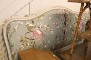 A Painted French Double Bed Frame with needlework upholstered headboard and footboard, 157cm by