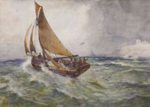 Frank Rousse (fl.1895-1917) Fishing in choppy water before lighthouse Signed, watercolour heightened