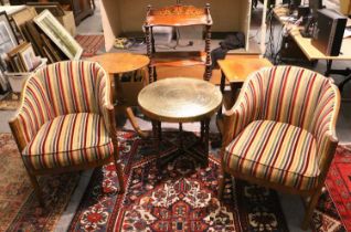 A Pair of 1950s Walnut Tub Chairs, an inlaid three-tier what-not, a modern oak two tier lamp