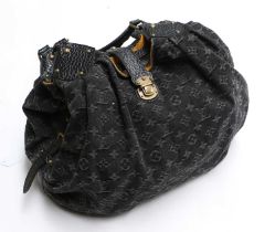 Louis Vuitton Black Mahina Hobo Shoulder Bag, with a woven monogrammed denim exterior, gold-tone