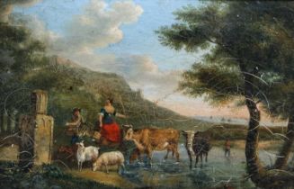 Follower of Nicolaes Bercham Rustic figures and cows in a landscape Oil on canvas, 11.5cm by 17.5cm