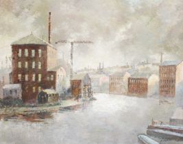 Edward Reginald Kirkness (1900-1979) Quiet canal before industrial landscape Signed, oil on board,