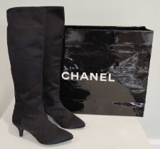 Pair of Chanel Black Satin Knee High Heeled Boots, with crossed 'c's' to the outer heel, zip