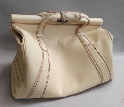 A Schedoni Cream Leather and Red Stitched Ferrari Bag, with silver tone hardware, press stud and tab