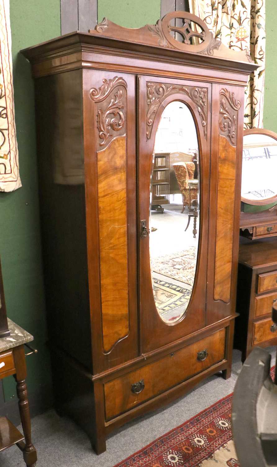 An Edwardian Mahogany and Walnut Mirror Fronted Wardrobe, 121cm by 52cm by 215cm, together with a - Image 3 of 4