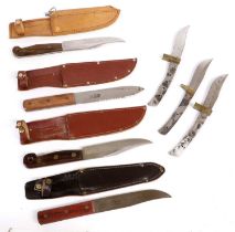 Seven Sheffield Made Knives, comprising a Nowill Master Mariner with wood grips and leather