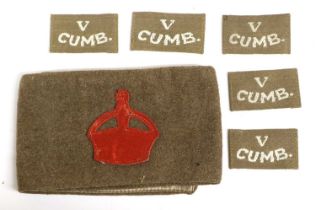 A First World War Derby Scheme Khaki Armband, applied with a King's crown, together with five