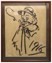 Bruce Bairnsfather (1888-1959) Old Bill Smoking a Pipe, black ink cartoon sketch, unsigned, dated