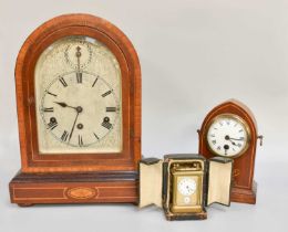A German Mahogany Inlaid Chiming Table Clock, 37.5cm, a mahogany inlaid mantel timepiece 21cm high