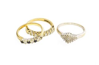 A 9 Carat White Gold Diamond Cluster Ring, finger size N; A 9 Carat Gold Half Hoop Ring, finger size