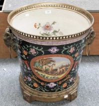 A Large Reproduction Gilt Metal Mounted Porcelain Planter, decorated with vignettes of hounds on a