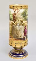 An English Porcelain Pedestal Vase, 19th century, finely painted with a continuous landscape with