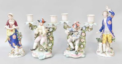 A Pair of Sitzendorf Porcelain Figural Twin Light Candelabra, 19th Century, each modelled as