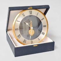 A Cased Jaeger le Coultre, circular mantel clock Case with some small scratches, case discoloured in