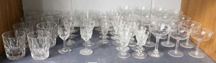 Drinking Glasses: 8 cut glass whisky tumblers, 13 champagne saucers, 8 port glasses and 15 small