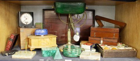 A Group of 20th Century Desk Related Items, including a mahogany tray with pierced gallery malachite