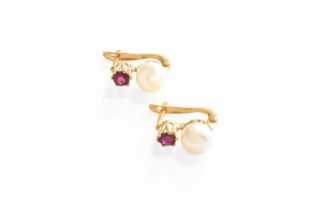 A Pair of Ruby and Cultured Pearl Earrings, the cultured pearls surmounted by round cut rubies, in