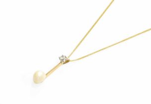 A Pearl and Diamond Pendant on Chain, a round brilliant cut diamond in a white claw setting suspends