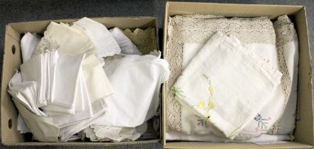 20+ Assorted White Damask Cloths, Embroidered Textiles, comprising table linen, embroidered table
