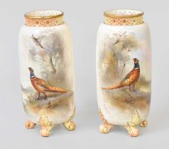 A Pair of Royal Worcester Pheasant Painted Vases, signed James Stinton, of cylindrical form with