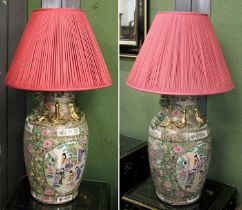 A Pair of Large 20th Century Famille Rose Decorated Vasiform Lamps, height excluding fitting 62cm