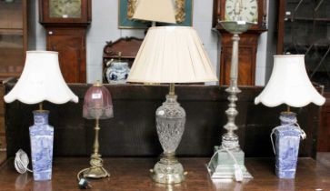 Decorative Table Lamps to Include, a pair of English pottery blue and white examples, a cut glass