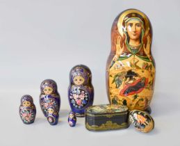 A Modern Russian Painted Papier Mache Stacking Doll, a smaller example, a similar hinge box and egg