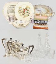 A Group of Decorative Items, including Royal Doulton cut glass decanters and other glassware, silver