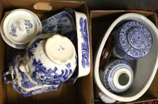 Various Modern Blue and White Decorative Ceramics, including a foot bath, dishes, tureen, etc.