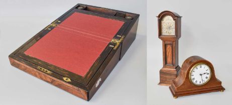 A Victorian Walnut Writing Slope, Edwardian mahogany inlaid mantel timepiece, circa 1900, and a