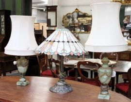 A Tiffany Style Table Lamp, together with a pair of gilt metal mounted onyx table lamps (3)