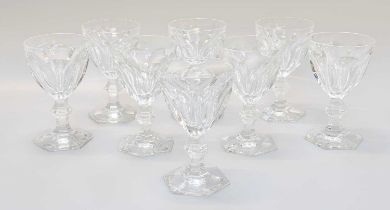 A Set of Eight Baccarat Wines, in the Harcourt pattern One glass with a large chip to the foot.