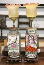 A Pair of Famille Rose Decorated Canton Vases Mounted as Lamps, 36cm excluding fittings