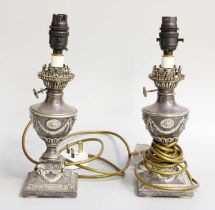 A Pair of Silver Plated Small Oil Lamps, converted to electric Including fittings 30cm Excluding