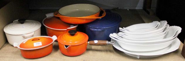 Six Le Creuset Cast Iron Pots with Five Lids, ten Pillvuyt/Apilco white porcelain oval dishes, and a