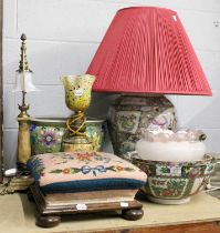 A Modern Chinese Famille Rose Table Lamp, 41cm excluding fittings, two similar punch bowls and a