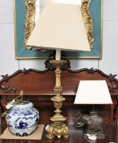 A Chinese Blue and White Porcelain Lamp Base; probably OKA, together with a gilt lamp base in the